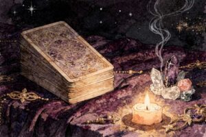 Verschiedene Tarotkarten neben Kristallen und Heilsteinen, die ihre spirituelle Energie symbolisieren.