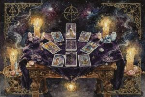Tarotkarten werden bei einer Legung ausgebreitet, um spirituelle Anleitung und innere Weisheit zu erhalten.