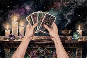Tarotkartenleger hält während einer Beratung mehrere Karten in den Händen und deutet diese für einen aufmerksamen Klienten.