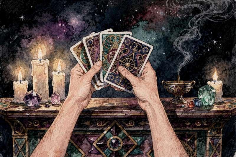 Tarotkartenleger hält während einer Beratung mehrere Karten in den Händen und deutet diese für einen aufmerksamen Klienten.
