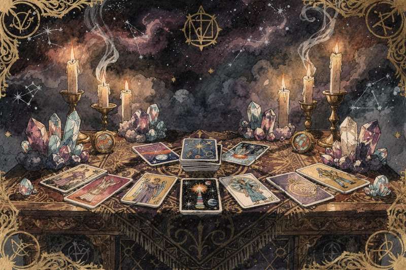Ausgebreitete Tarotkarten der Großen Arkana zeigen verschiedene Symbole und Figuren für spirituelle Deutung und Legesysteme.