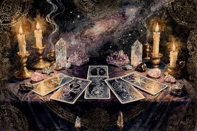 Übersicht der vier Tarot-Elemente mit symbolischen Darstellungen von Feuer, Wasser, Luft und Erde in spirituellem Kontext.