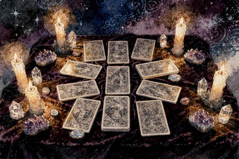 Tarotkarten in einer sechsteiligen Legung ausgebreitet, die Themen der inneren Heilung und Selbstannahme symbolisieren.