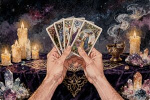Zwei Kartenstapel nebeneinander, links traditionelle Tarotkarten mit aufwendigen Symbolen, rechts einfachere Orakelkarten mit...
