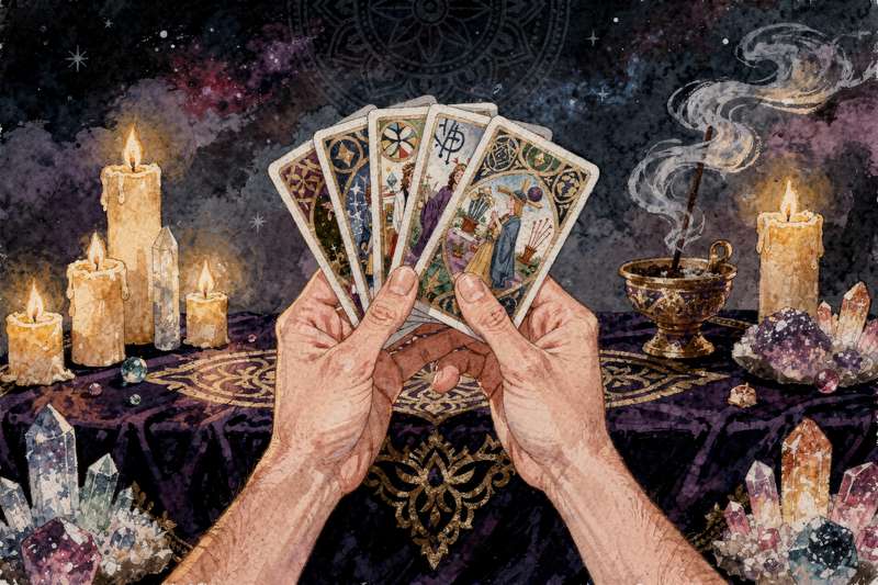 Zwei Kartenstapel nebeneinander, links traditionelle Tarotkarten mit aufwendigen Symbolen, rechts einfachere Orakelkarten mit...