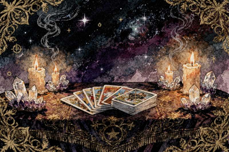 Tarotkarten mit mystischen Symbolen und leuchtenden Farben, die die freie und unternehmenslustige Natur des Sternzeichens...