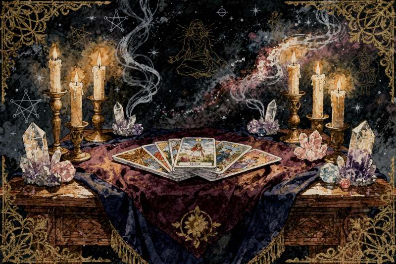 Tarotkarten mit mystischen Symbolen und leuchtenden Indigotönen, die spirituelle Intuition und innere Weisheit des dritten...