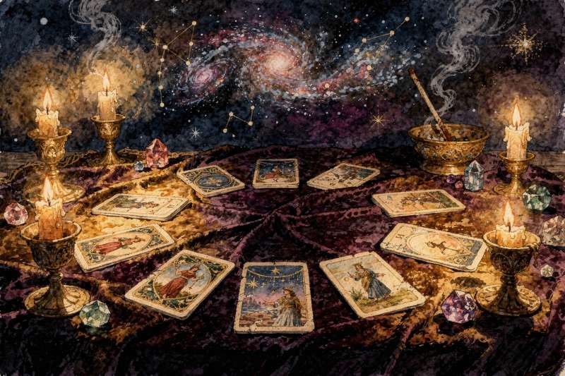 Zehn verschiedenfarbige Tarotkarten sind in einer rituellen Anordnung auf dunklem Hintergrund ausgelegt und symbolisieren...