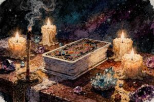 Zwei mystische Tarotkarten nebeneinander mit fließenden Wassermustern und Symbolik für Skorpion und Fische Sternzeichen.