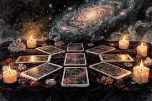Verschiedene Tarot-Karten in symmetrischen Mustern auf einem dunklen Tuch arrangiert, die grundlegende Legesysteme für...