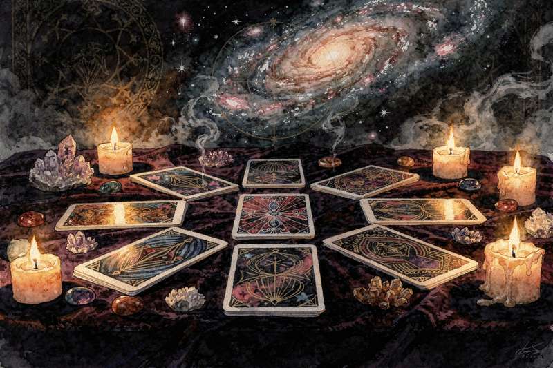 Verschiedene Tarot-Karten in symmetrischen Mustern auf einem dunklen Tuch arrangiert, die grundlegende Legesysteme für...