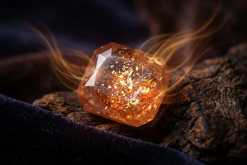 Polierter Sonnenstein mit goldenen Glitzerpunkten und warmem orangegelben Glanz vor neutralem Hintergrund.
