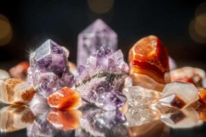 Zwei polierte Kristalle nebeneinander, links lila Lepidolith und rechts rötlich-brauner Sardonyx, als natürliche Schutzsteine...