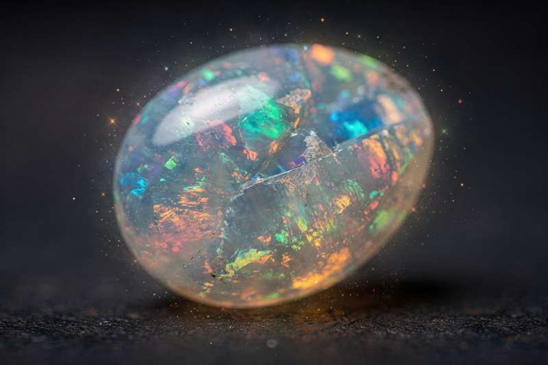 Glanzvoller Opal mit Regenbogerfarbspielen auf dunklem Untergrund, Symbol für Heilwirkungen und spirituelle Energie.