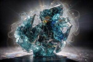 Glänzender blauer Apatit Kristall mit durchscheinenden Facetten auf dunklem Untergrund, der für seine spirituelle Bedeutung...