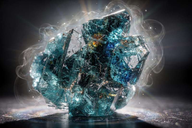 Glänzender blauer Apatit Kristall mit durchscheinenden Facetten auf dunklem Untergrund, der für seine spirituelle Bedeutung...