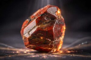 Glatter roter Jaspis Stein mit natürlichen Maserungen auf hellem Untergrund, symbolisiert Erdung und vitale Energie.