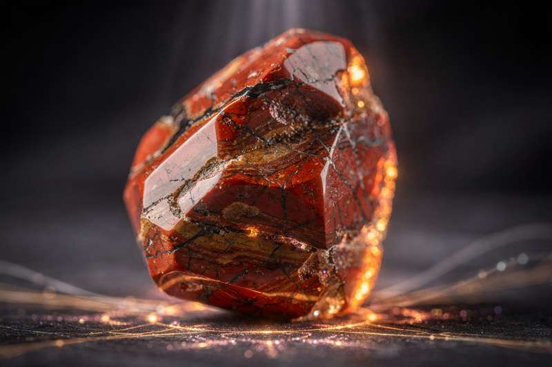 Glatter roter Jaspis Stein mit natürlichen Maserungen auf hellem Untergrund, symbolisiert Erdung und vitale Energie.