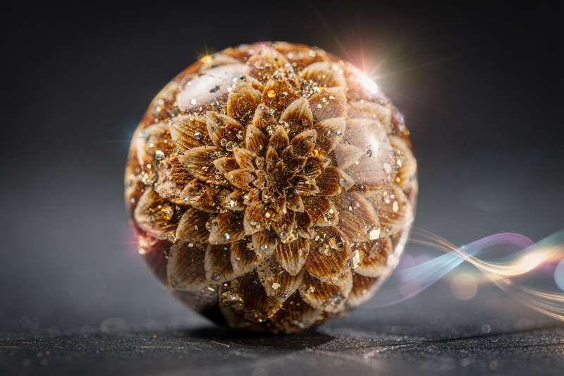 Polierter Chrysanthemenstein mit goldenen und weißen Mustern auf dunklem Untergrund.
