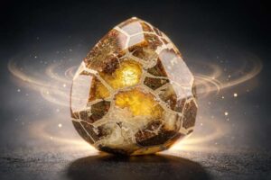 Septarian-Konkretionen mit charakteristischen Rissen und goldenem Calcit-Netzwerk auf dunklem Gestein.