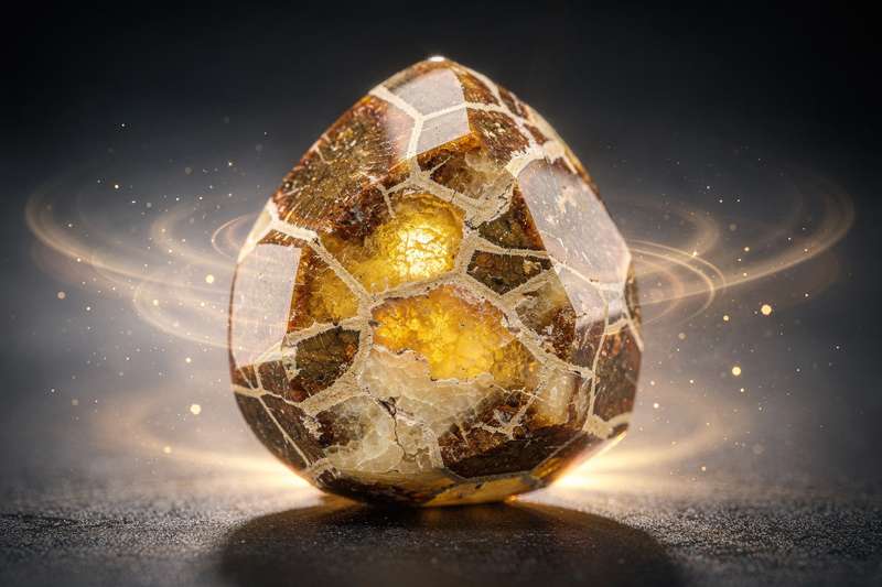 Septarian-Konkretionen mit charakteristischen Rissen und goldenem Calcit-Netzwerk auf dunklem Gestein.
