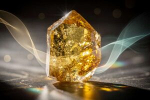 Heliodor Kristall in Goldgelb mit strahlender Transparenz, symbolisiert Heilung und positive Energie in der Kristalltherapie.