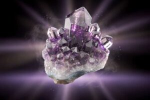 Violetter Amethystkristall mit natürlichen Facetten, der für spirituelle Heilung und Meditation verwendet wird.