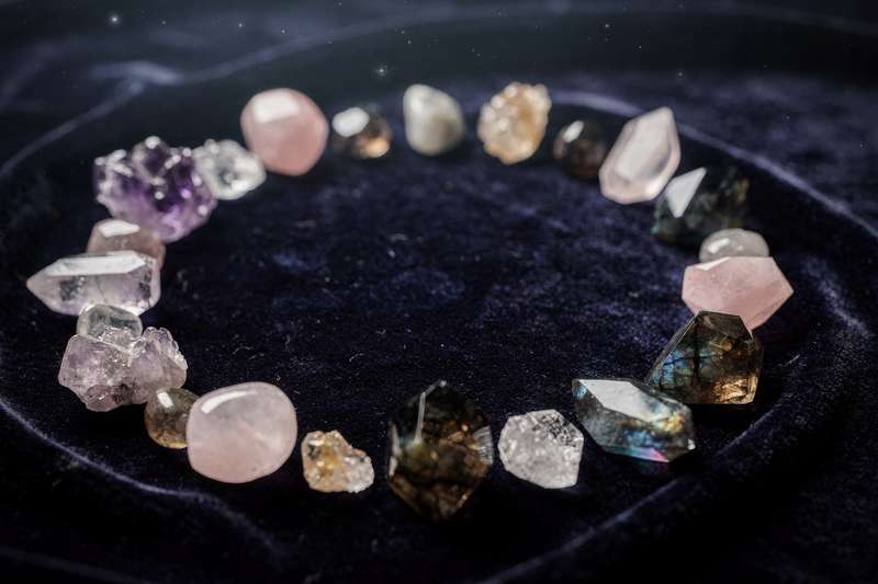 Verschiedenfarbige Edelsteine und Kristalle sind nach den zwölf astrologischen Sternzeichen angeordnet und zeigen jeweils die...