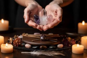 Verschiedene Kristalle und Mineralien in unterschiedlichen Farben und Formen arrangiert auf einer hellen Oberfläche.