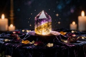 Ametrin Kristall mit violetten Amethyst- und gelben Citrin-Bereichen nebeneinander in natürlicher Formation.