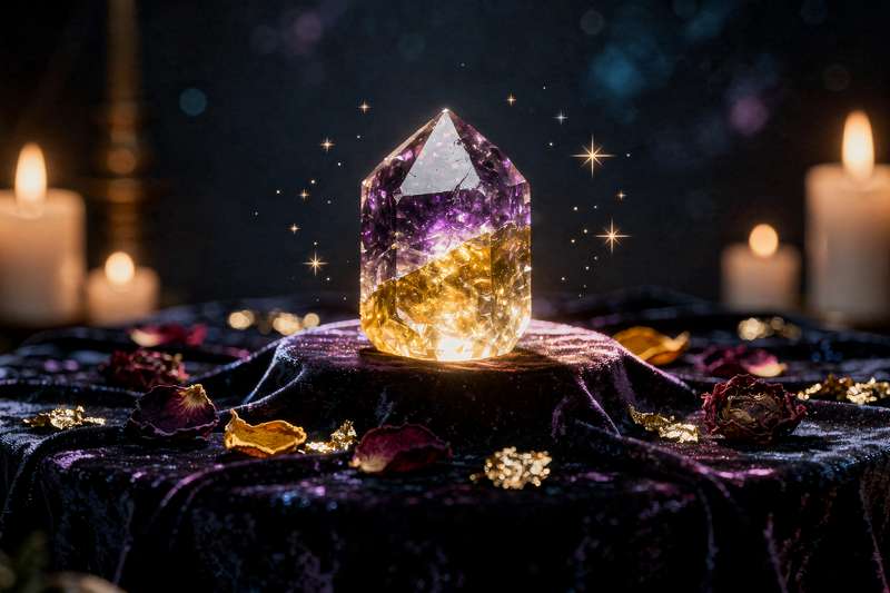 Ametrin Kristall mit violetten Amethyst- und gelben Citrin-Bereichen nebeneinander in natürlicher Formation.