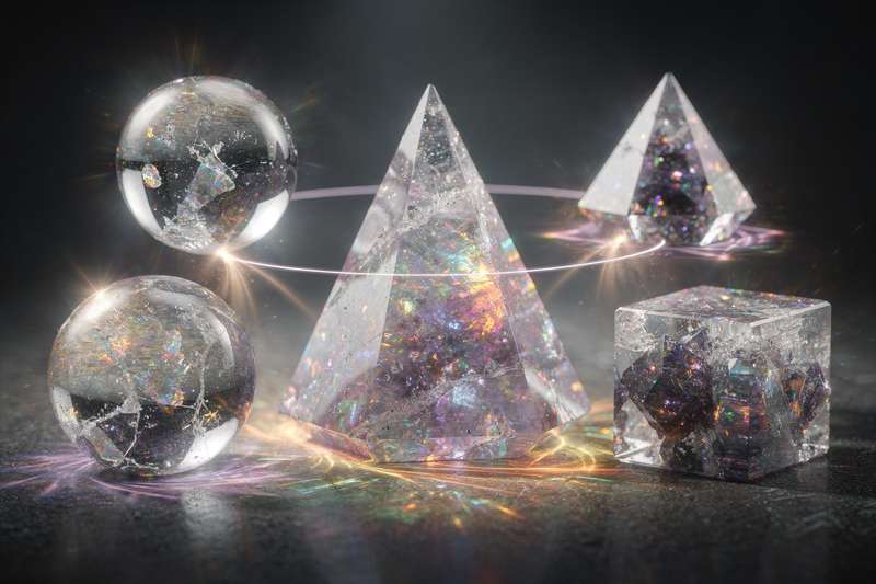 Geometrisch angeordnete Kristalle in unterschiedlichen Formen zeigen ihre charakteristischen Strukturen und energetischen...