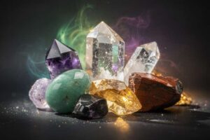 Verschiedenfarbige Heilkristalle und Mineralsteine liegen arrangiert auf einer hellen Oberfläche zur Unterstützung von...