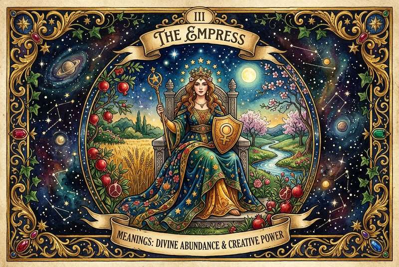 Tarot-Karte Die Herrscherin zeigt eine Frau auf einem Thron mit Krone, umgeben von üppiger Natur und Symbolen der...