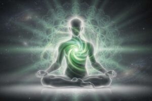 Grüne und rosa Kristalle arrangiert in Herzform zur Aktivierung von Liebe und emotionaler Harmonie.