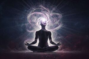 Leuchtend violette Energieschnüre verbinden einen meditativen Menschen mit dem kosmischen Universum über seinem Kopf.