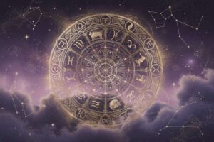 Astrologische Darstellung der Zwillinge mit Sternenkonstellation und Mondphasen für die Prognose im Juli 2026.