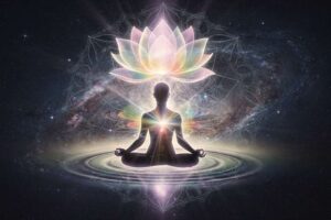 Frau mit geschlossenen Augen sitzt in Meditationshaltung und strahlt innere Ruhe sowie spirituelle Präsenz aus.