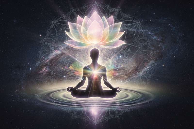 Frau mit geschlossenen Augen sitzt in Meditationshaltung und strahlt innere Ruhe sowie spirituelle Präsenz aus.