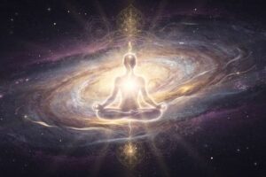 Leuchtende Energiefigur schwebt über einer meditativen Person in spiritueller Atmosphäre mit kosmischem Hintergrund.