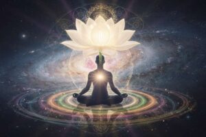Meditation praktizierender Mensch in ruhiger Umgebung mit sanftem Licht und innerer Ausgeglichenheit.