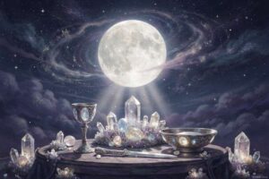 Leuchtender Vollmond am nächtlichen Himmel über einer stillen Landschaft mit Bäumen und Sternen.