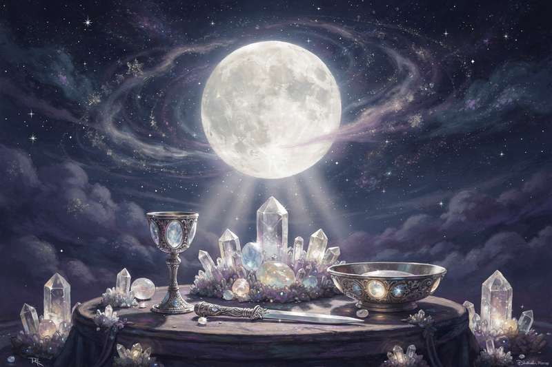 Leuchtender Vollmond am nächtlichen Himmel über einer stillen Landschaft mit Bäumen und Sternen.