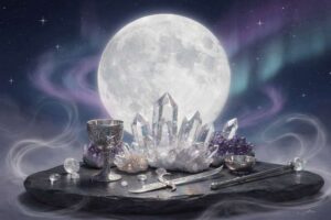 Astrologische Darstellung der Mondbahn mit den verschiedenen Mondphasen von Neumond bis Vollmond in einem Zyklus.