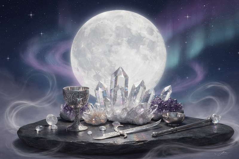 Astrologische Darstellung der Mondbahn mit den verschiedenen Mondphasen von Neumond bis Vollmond in einem Zyklus.