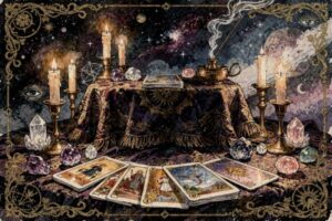 Tarotkarten mit traditionellen Symbolen liegen auf einer dunklen Oberfläche zur Deutung.