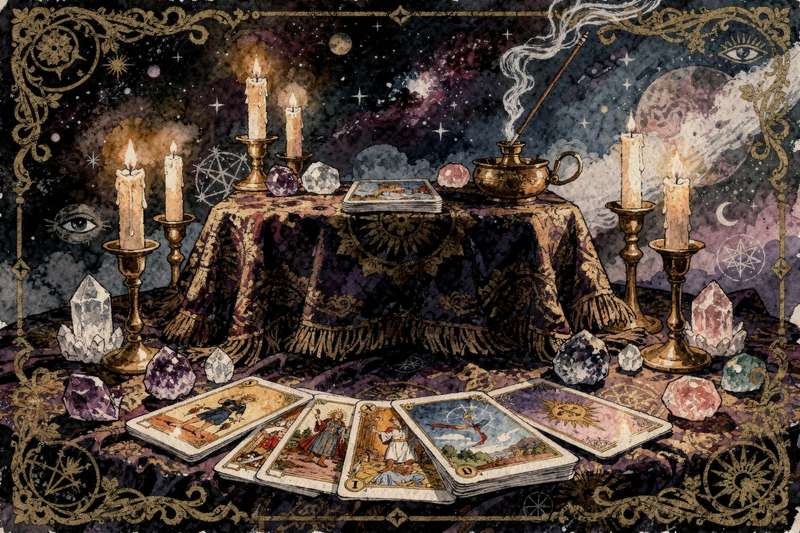 Tarotkarten mit traditionellen Symbolen liegen auf einer dunklen Oberfläche zur Deutung.