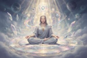 Geometrisches Kristallgitter mit leuchtenden Mineralien, das energetische Muster für spirituelles Wachstum und intuitive...