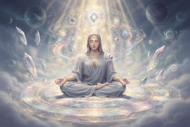 Geometrisches Kristallgitter mit leuchtenden Mineralien, das energetische Muster für spirituelles Wachstum und intuitive...