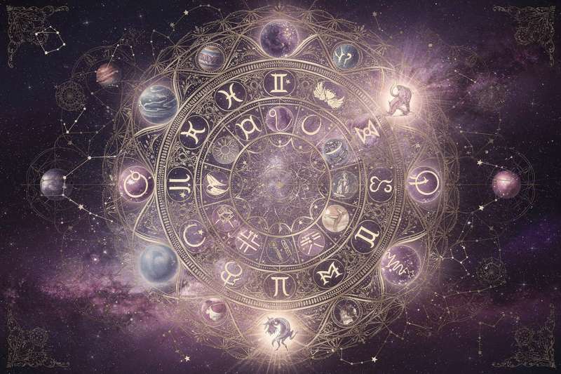 Bunte Astrologie-Symbole und psychologische Archetypen visualisieren die Verbindung zwischen Sternzeichen und menschlicher...